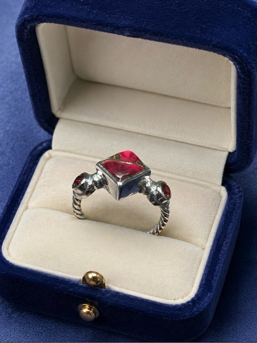 Ring*Rose Dahlia Turquoise, Double Garnet, & Sterling Silver Ring